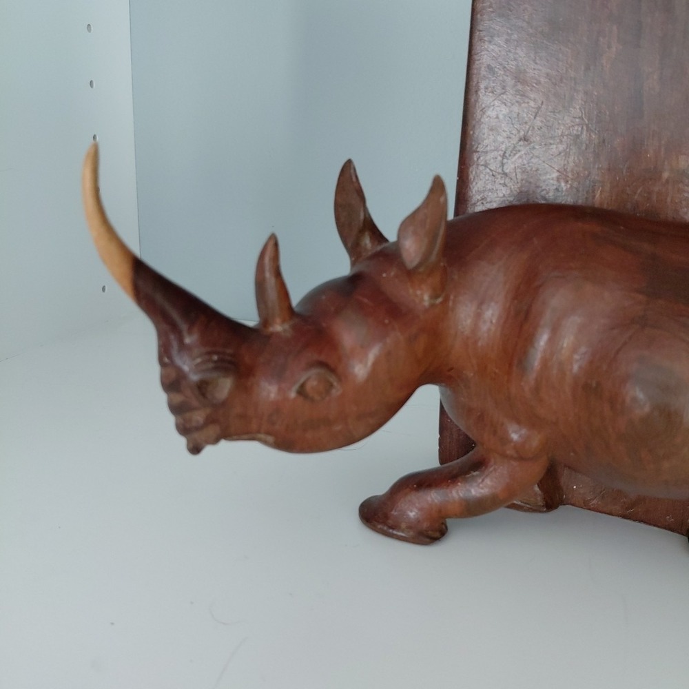 Vintage Hand Carved Natural Wood African RHINO Bookends Heavy Artist Detailed - Picture 11 of 16